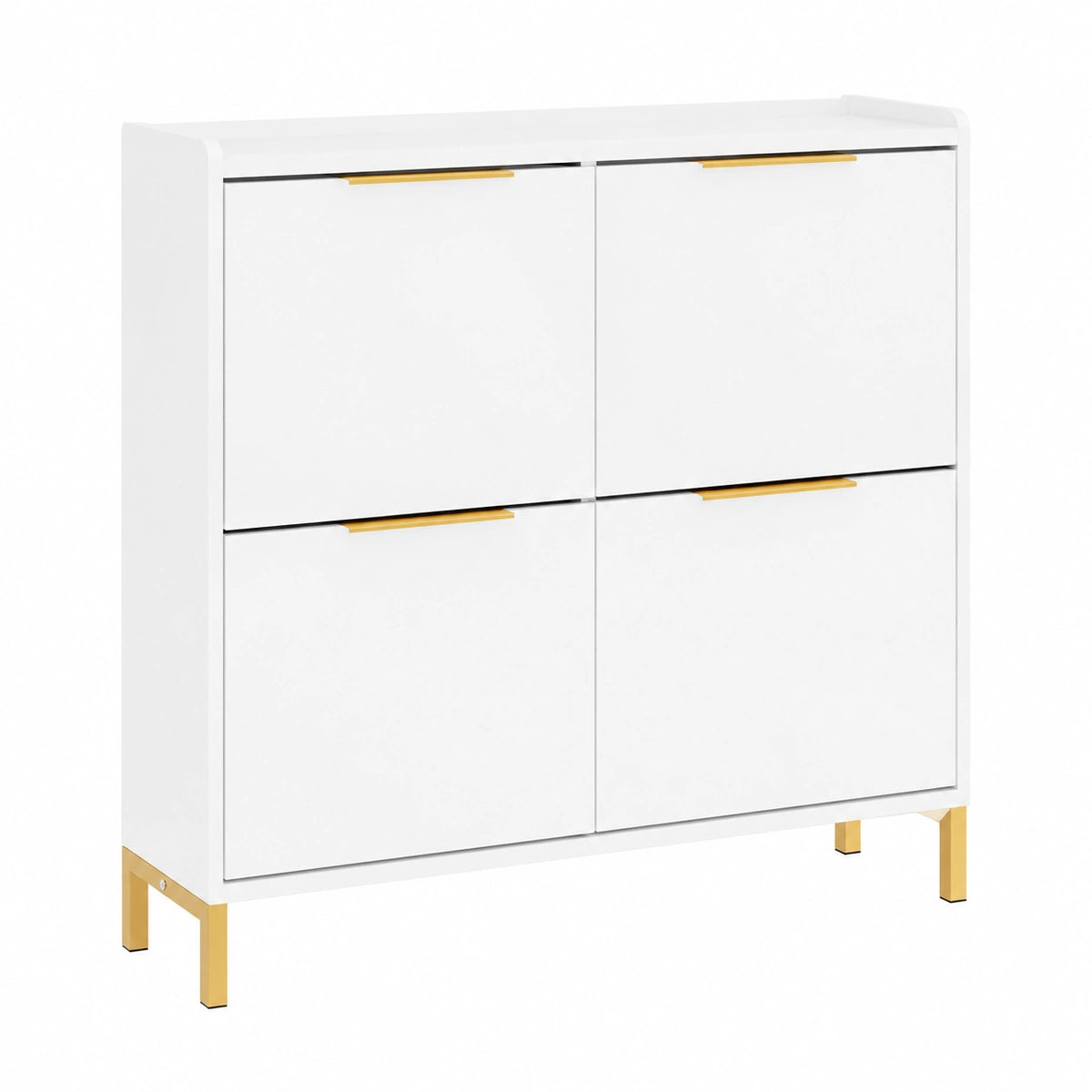 Meuble à chaussures, avec portes, coloris blanc et doré, pour l’entrée ou le couloir