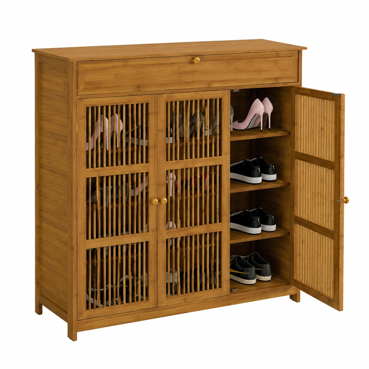 Meuble à chaussures, en bambou, avec rangement, avec tiroirs, avec étagères, 98 x 93 x 32 cm, pour l’entrée ou le couloir