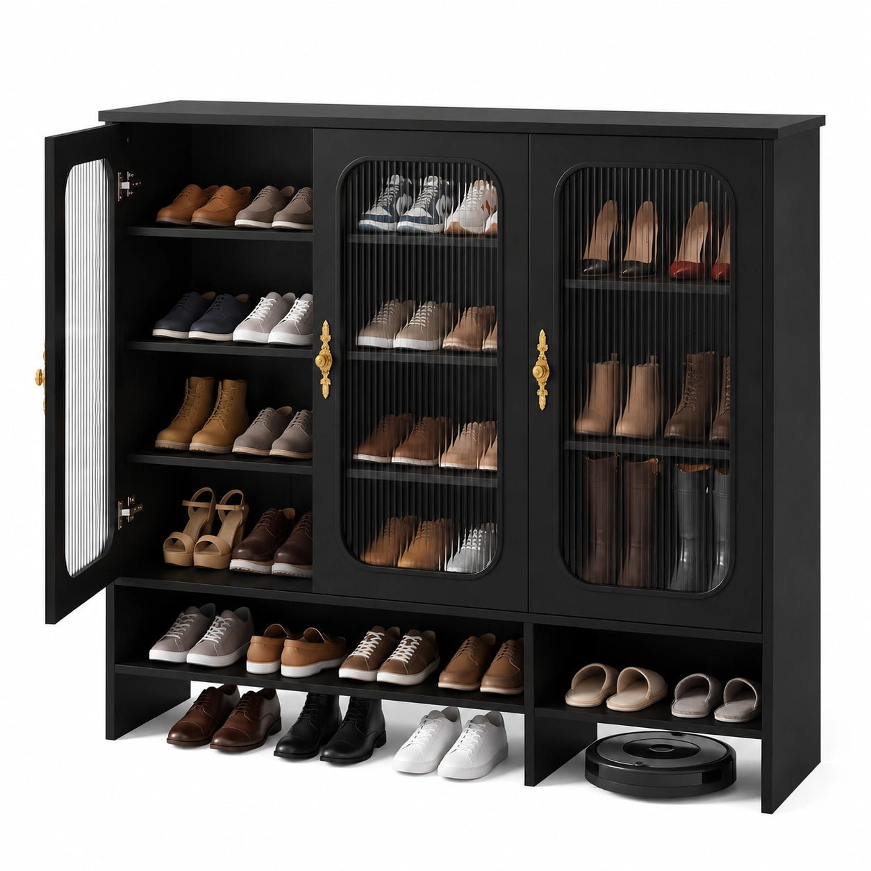 Meuble à chaussures, en verre, réglable, avec rangement, avec étagères, coloris noir, 98 x 35 x 115 cm, pour l’entrée ou le couloir