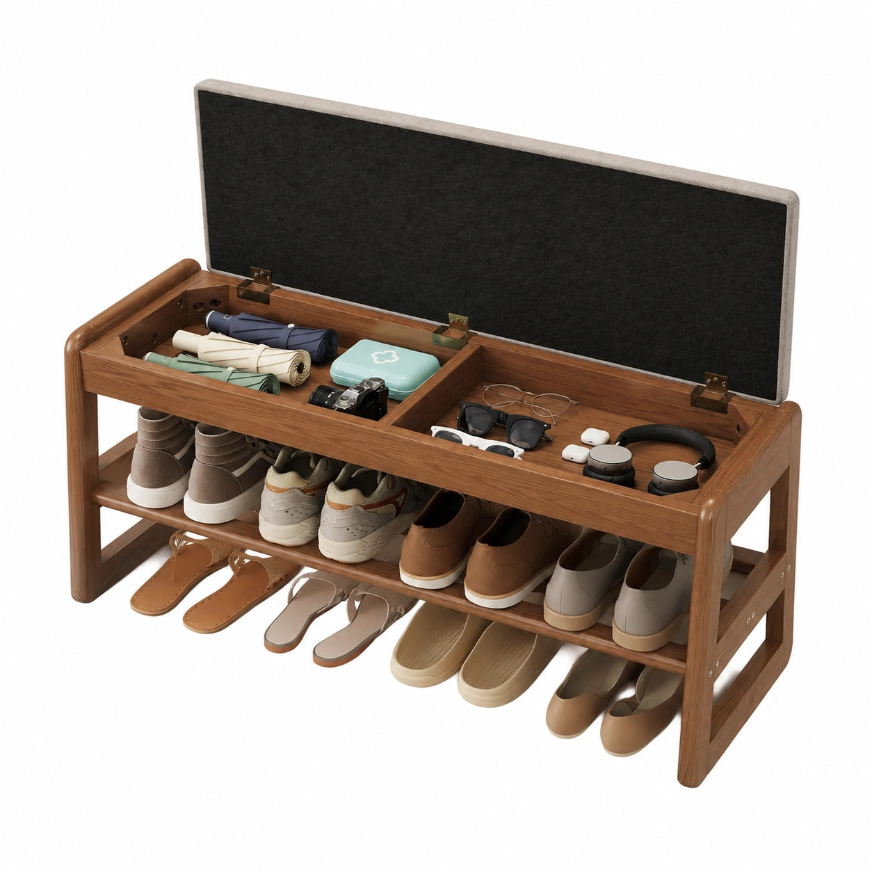 Meuble à chaussures, avec rangement, avec étagères, rembourré, en bois massif et noyer, 30 x 100 x 40 cm, pour l’entrée ou le couloir